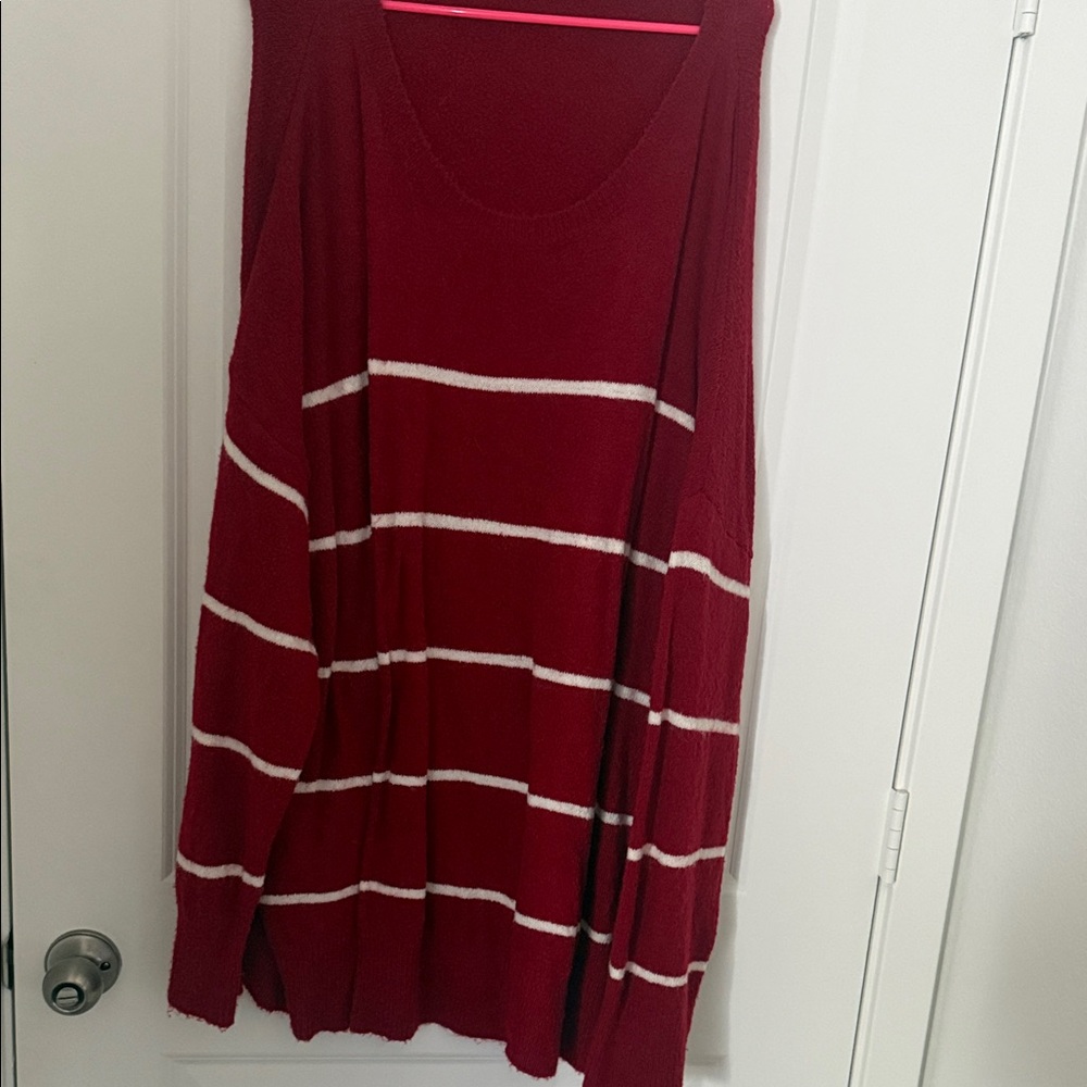Chic Soul Red and White Striped V-Neck Sweater